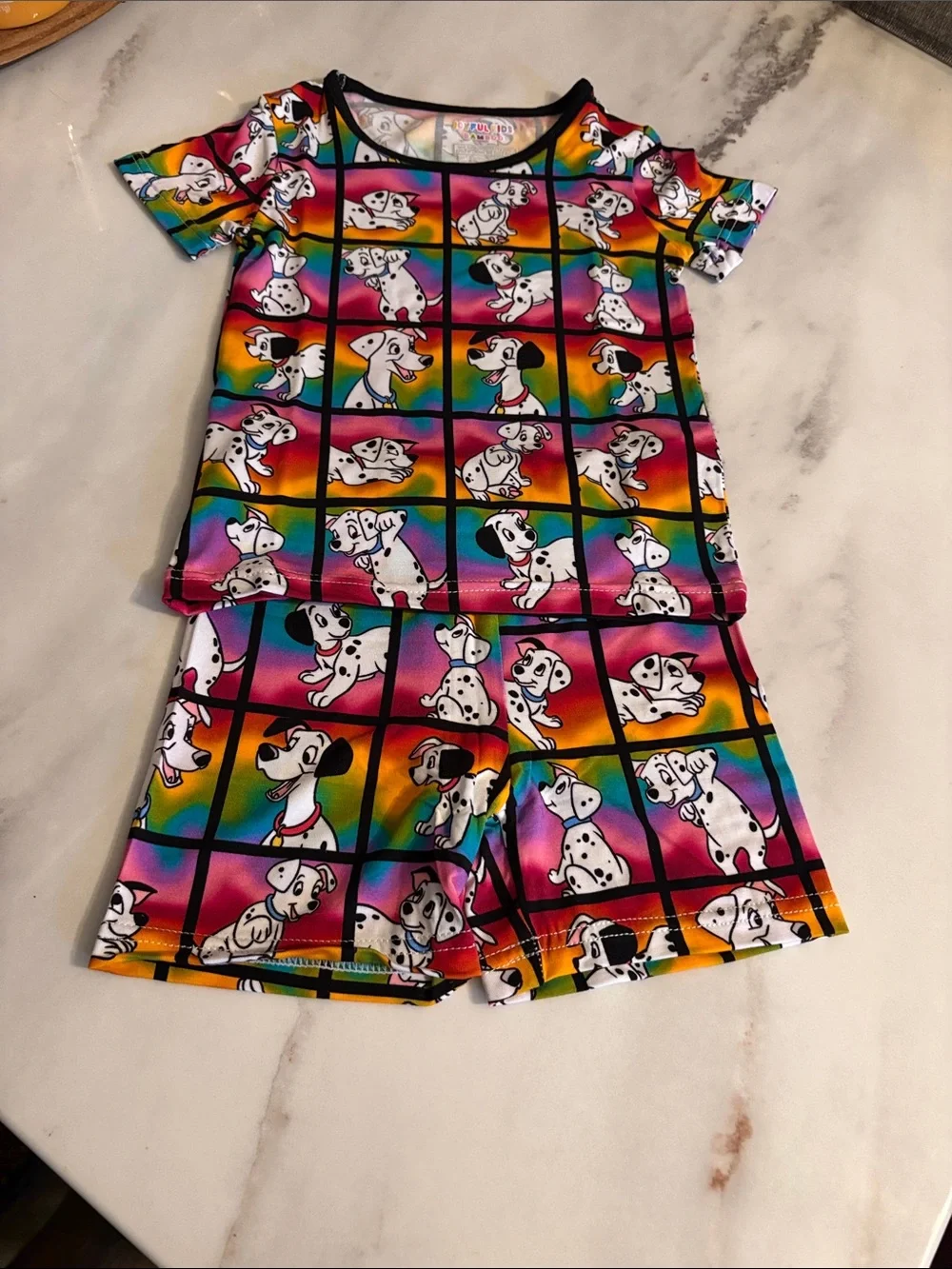 BAMBOO Rainbow Grid Dalmatian Short Pajama Set with Black Trim